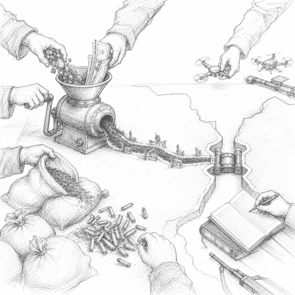 A sketch of a war machine grinding gold, money, supplies, weapons, and drones into a stream that runs through checkpoints toward a hinge between territories.