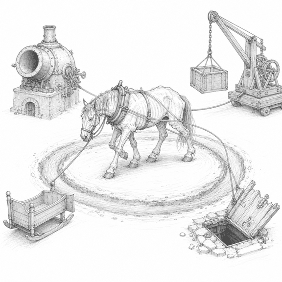 Loose graphite sketch of a tired horse underground pulling a forge, cradle, crane, and hidden tunnel in a circular rut.