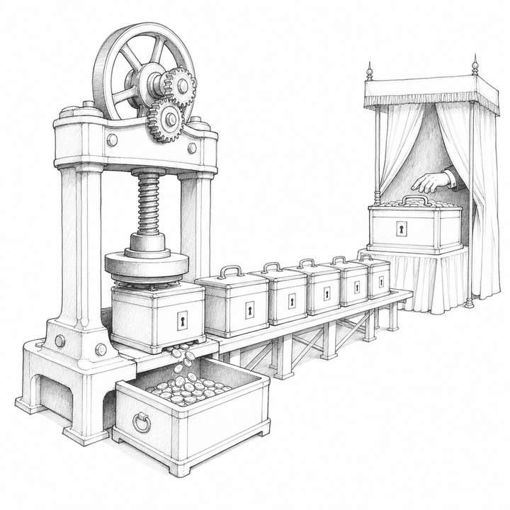 A row of cashboxes is squeezed by an iron press while one larger box under a canopy is protected by a hidden gloved hand.