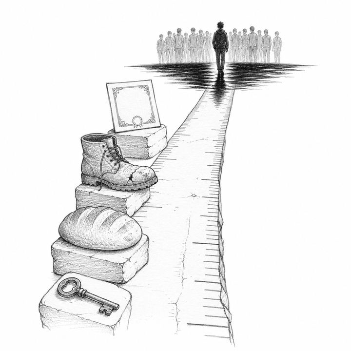 Black-and-white wood engraving of young migrants reduced to one shadow on a road of household objects leading into dark water