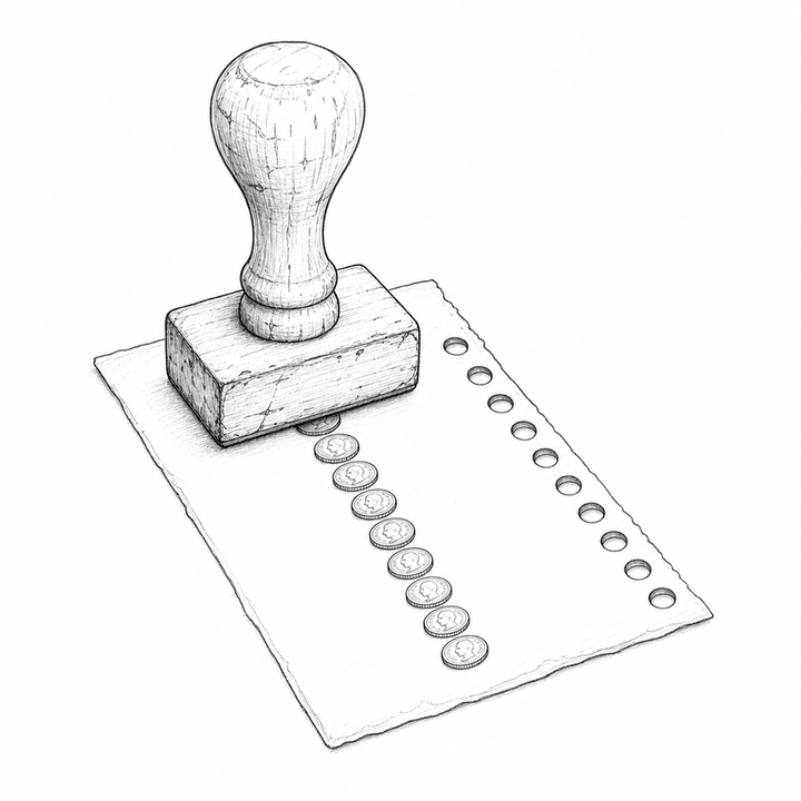 A wood-engraving style ration card is stamped with coins where bread should be, with empty punched holes along one edge.