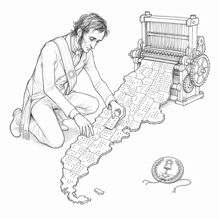 Black-and-white wood-engraving scene of a sash-wearing surveyor turning Argentina into punch-card tiles before a mechanical loom