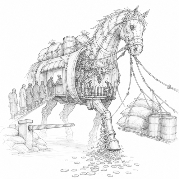 A graphite sketch shows a horse-like war machine made of recruitment, arms production, trade routes, grain, oil, coins, and a border post