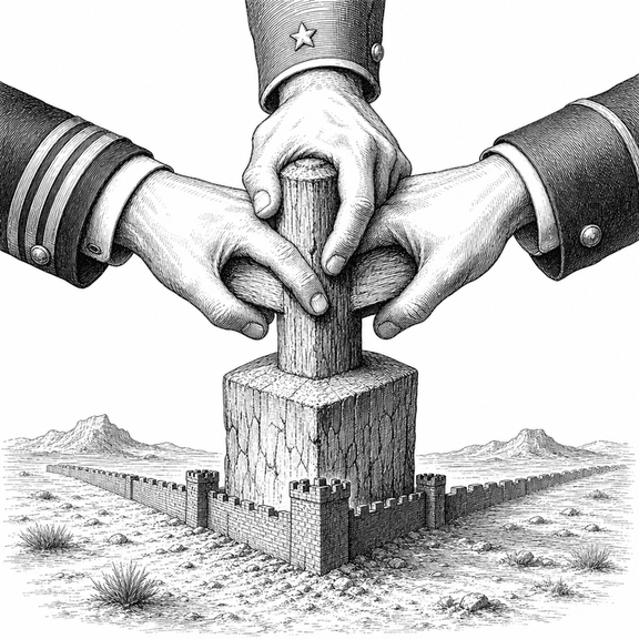 Black-and-white wood engraving of three uniformed hands stamping a desert border post that becomes a fortress wall.