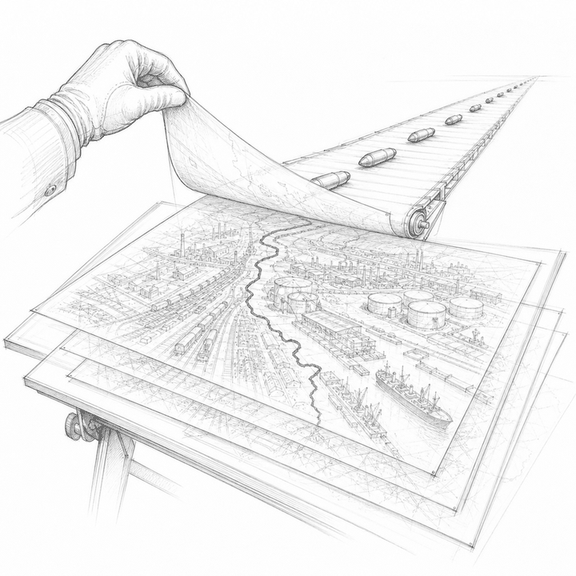 Loose graphite sketch of layered war maps on a table, where the rear edge becomes a factory conveyor belt carrying shells.