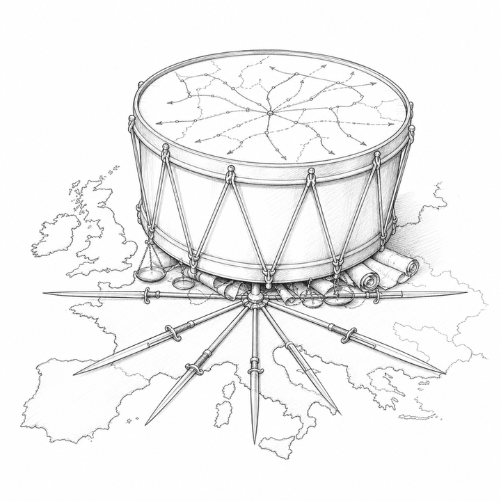 Black-and-white wood-engraving of a military drum crushing scales and scrolls on a map of Europe, ringed by bayonets like a compass.