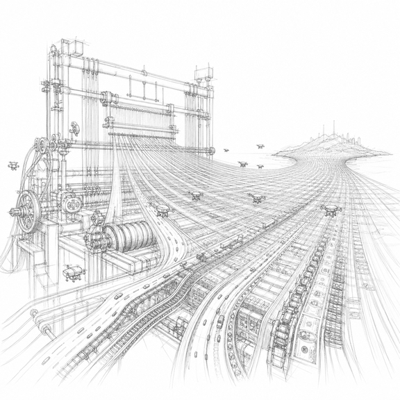 A loose graphite sketch of a giant loom weaving roads, trenches, drones, money, and sea lanes into one war system