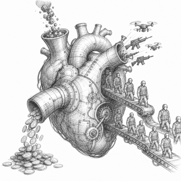 A heart-shaped machine turns incoming gold ore into coins, drones, weapons, and hired soldiers on conveyor belts.