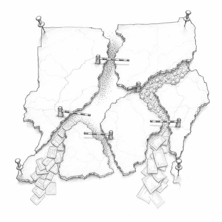 A graphite sketch shows a torn map held apart by checkpoint barriers, with gold, gum arabic, toll tickets, and money slips flowing through the cracks.