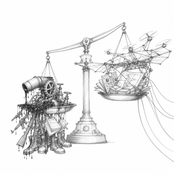 A workshop scale compares a heavy machine converting oil into arms with a light drone assembly tethered by cables