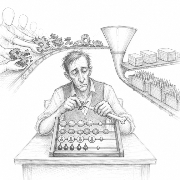 Loose graphite sketch of a clerk converting tokens of labor, oil, money, and injury through a funnel into ration cards and ammunition.