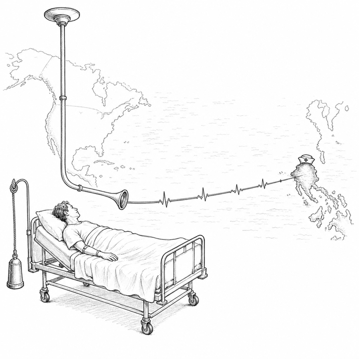 Black-and-white wood engraving of a hospital bed monitored through a cable reaching across an ocean map to a nurse’s cap in the Philippines.