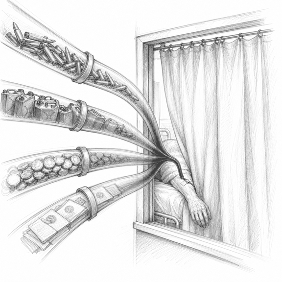 Loose graphite sketch of supply tubes carrying bullets, fuel, money, and papers into a hidden patient behind a curtain.