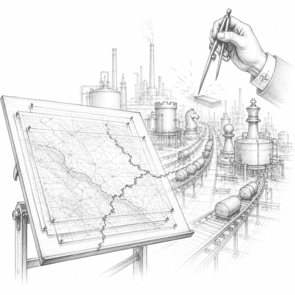 Loose graphite sketch of layered war maps whose lines extend into factories, railways, fuel tanks, and military planning tools