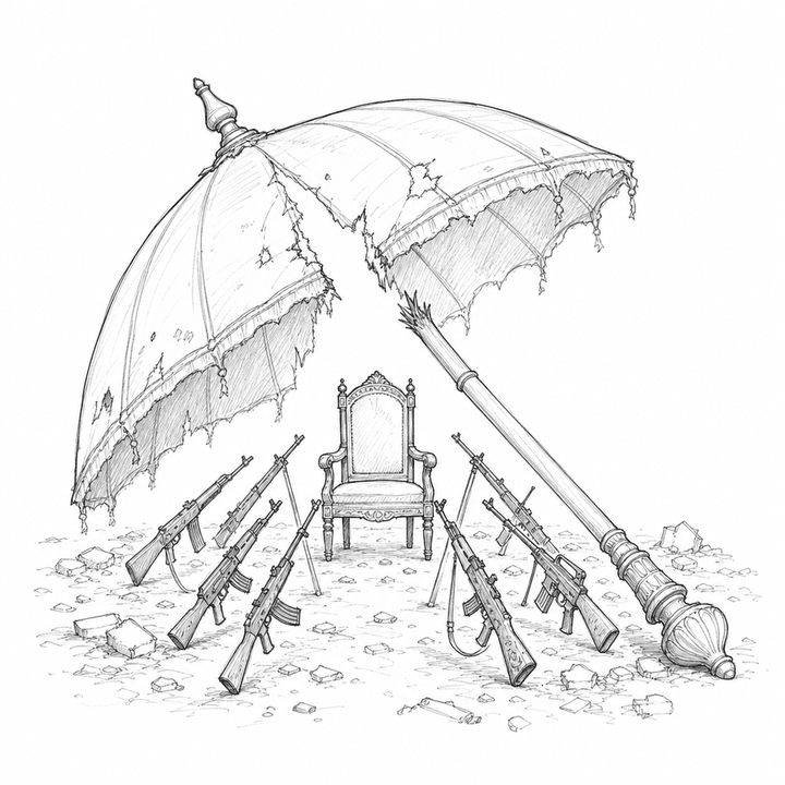 A broken ceremonial umbrella shades rifles aimed inward at an empty chair in a ruined city street.