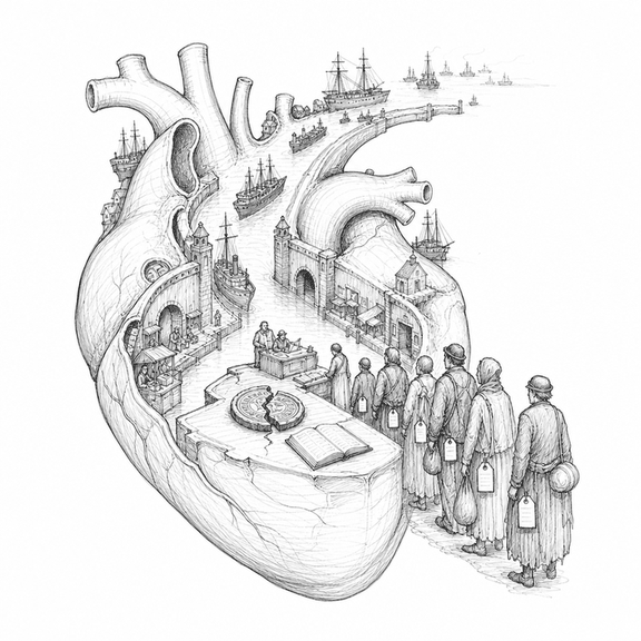 A black-and-white wood engraving shows a heart shaped like a harbor where patients, brokers, ships, and border gates converge around a cracked official seal.