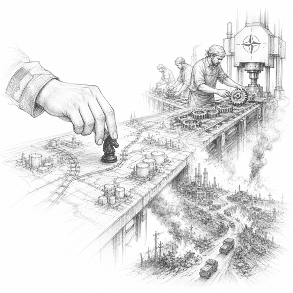 Loose graphite sketch of a war map turning into an arms factory, with a chess piece striking logistics and workers building weapons.