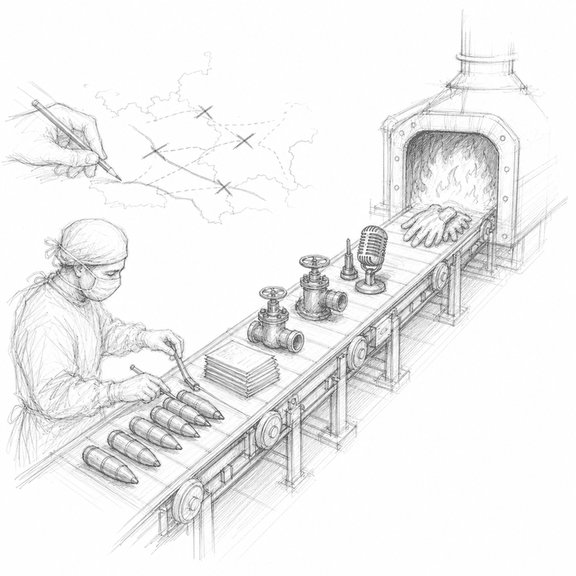 A loose graphite sketch shows a conveyor belt carrying shells, receipts, oil valves, microphones and gloves into a furnace like an industrial war ledger.