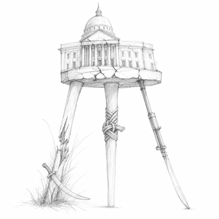 A graphite sketch shows a cracked state house balanced on three damaged supports: rebellion, blocked roads, and a foreign bayonet.