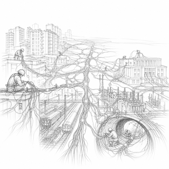 Loose graphite sketch of a city’s infrastructure as an exposed nervous system, with workers repairing cables that run toward an unseen battlefield.