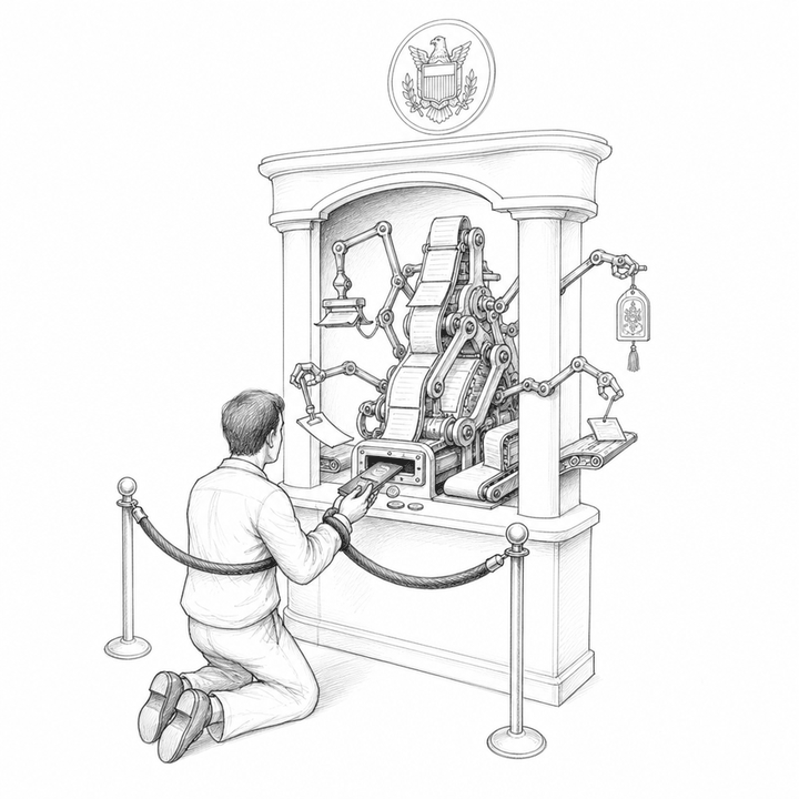 Black-and-white wood engraving of a kneeling visa applicant feeding money and passports into an ornate private filing machine beneath a distant state crest.