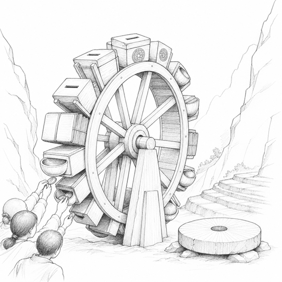 Black-and-white wood engraving of a jammed mountain waterwheel made of ballot boxes and ledgers, taking coins while an idle millstone and fields sit below.