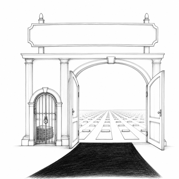 A black-and-white wood engraving of a closed road with a small locked prayer gate beside a grand open gate leading to yoga mats.