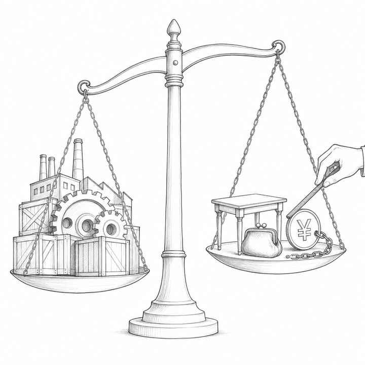 A black-and-white wood-engraving style balance scale contrasts export crates with domestic household demand and a chained yuan coin.