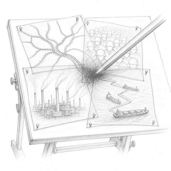 Loose graphite sketch of four constraint maps layered on a table, showing logistics, manpower, arms production, and energy routes converging into one dark knot.