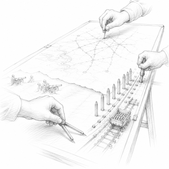 Loose graphite sketch of maps and factory work merging on a drafting table as hands attack logistics and build weapons far behind the front