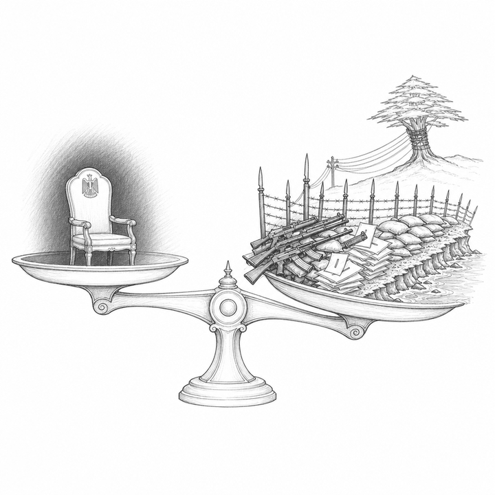 Black-and-white wood engraving of a treaty table as a scale, with Egypt’s empty chair balanced against Lebanon burdened by weapons and border fortifications.