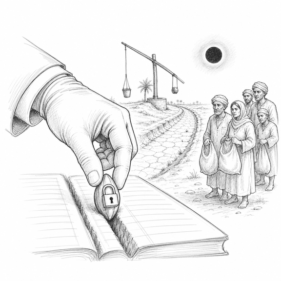 A wood-engraving style scene shows a locked seed being planted in a ledger-like furrow beside a dry canal as farmers watch