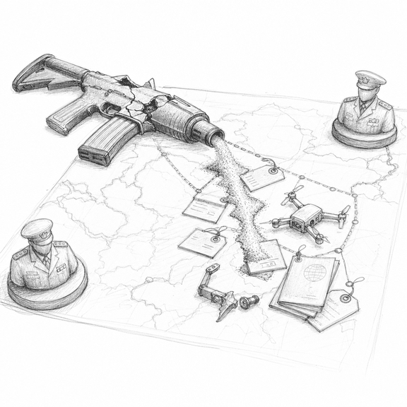 A loose graphite sketch of a rifle-shaped supply chain carrying gold, paperwork, drone parts and labor documents across a map.