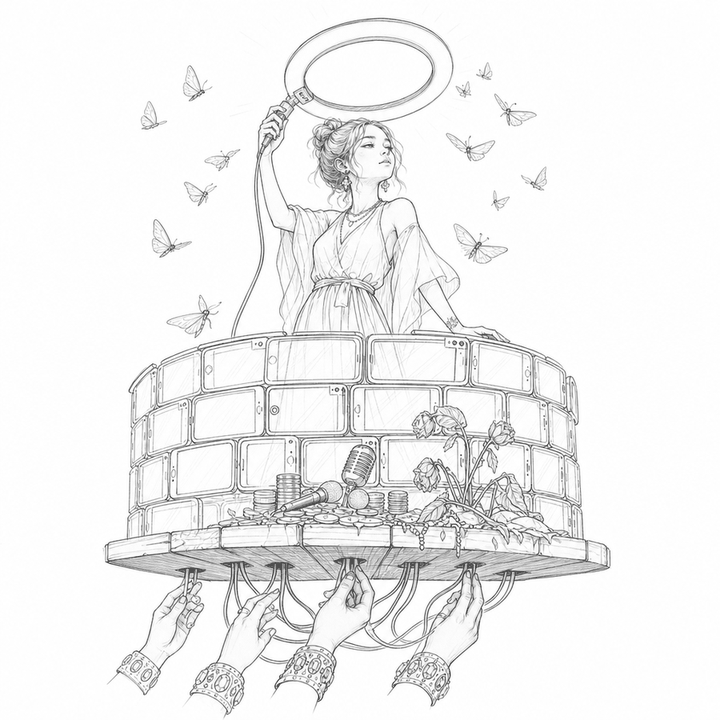 A black-and-white wood-engraving scene of an influencer holding a ring light halo above hidden criminal hands and offerings