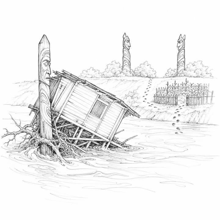 Black-and-white wood engraving of a flooded stilt house pressed against a boundary post between rival clan totems.