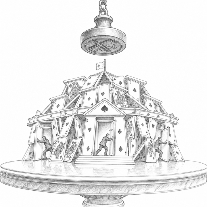 A card mansion shaped like a parliament collapses while small figures defend separate doorways under a suspended seal.