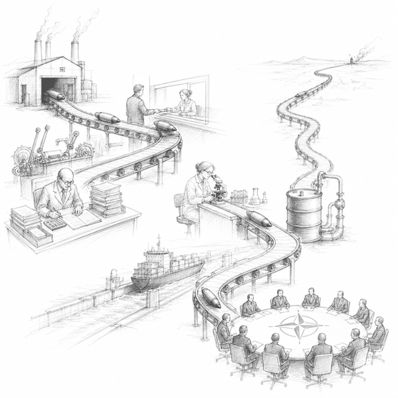Loose graphite sketch of a conveyor belt carrying money, oil, industry, and diplomacy toward a distant artillery shell.