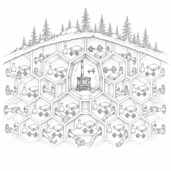 Black-and-white wood engraving of an underground industrial honeycomb of drug production and logistics dwarfing a small abandoned cottage stove