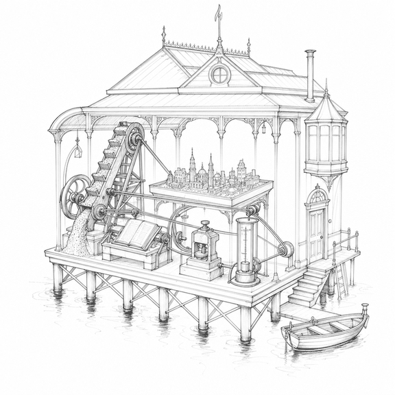 A black-and-white wood engraving of a speculative city machine where dredging, insurance, tides, and escape routes are linked together.