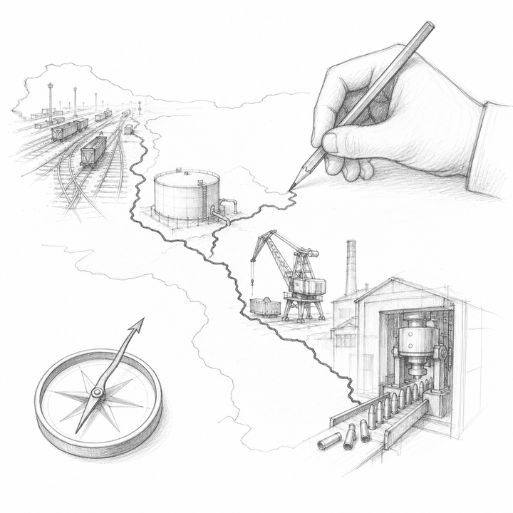 Loose graphite sketch of a map whose battle line crosses logistics, fuel, shipping, and munitions production, with a compass pointing toward Ankara.