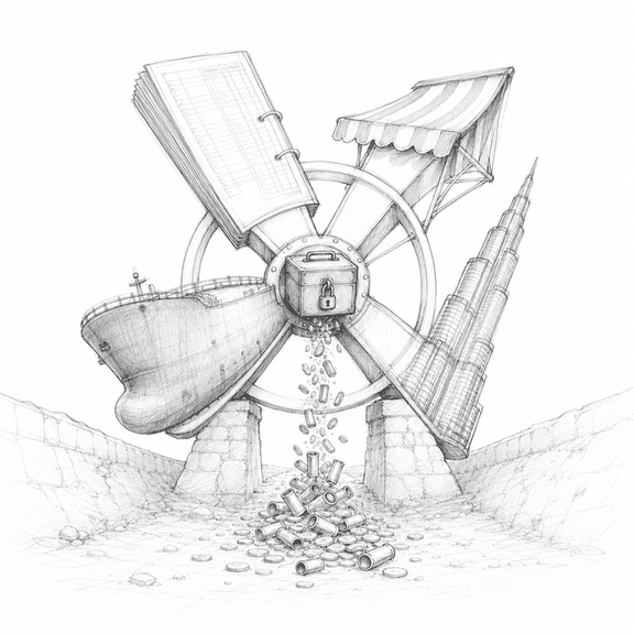 A rough graphite tableau shows a mill wheel built from budgets, bazaars, tankers, and towers grinding coins into ammunition.