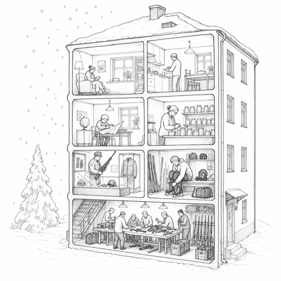 Black-and-white wood engraving of an apartment block cross-section where everyday civic life quietly becomes national defense preparation.