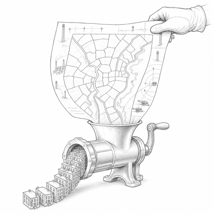 Black-and-white wood engraving of a city map marked like butcher cuts being fed into a ledger-shaped grinder, with tenements emerging as waste.