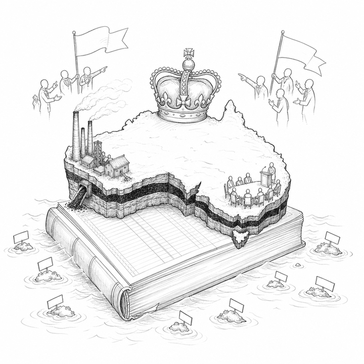 A wood-engraving style tableau shows Australia as a crowned coal seam on a ledger, with smokestacks, a conference lectern, and sinking Pacific nameplates around it.