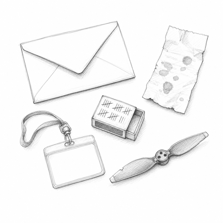 Loose graphite sketch of wartime objects spread across a kitchen table like entries in an account book