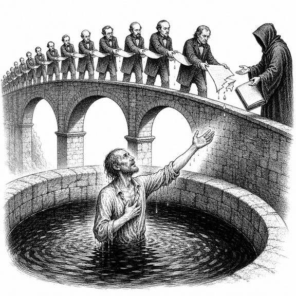 A debtor in dark water looks up as clerks pass a debt note along a bridge and the paper tears before the collector.