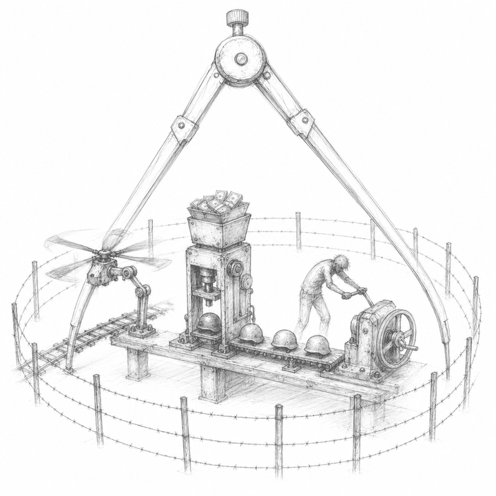 A loose graphite sketch showing drones, recruitment money, public exhaustion, and security planning as connected machines on one workbench.