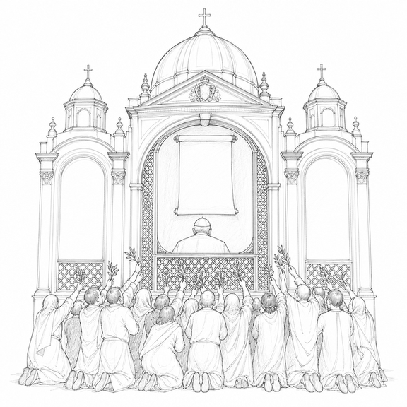 A basilica-like confessional separates a silent pope from petitioners pushing olive branches through the screen beneath a blank scroll.