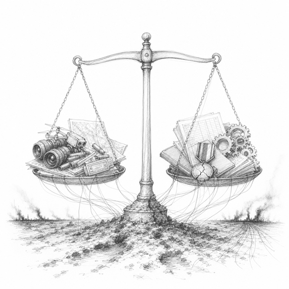A loose graphite sketch of a muddy battlefield balance scale weighing military sensors and supplies against ledgers, conscription papers and strained industry.