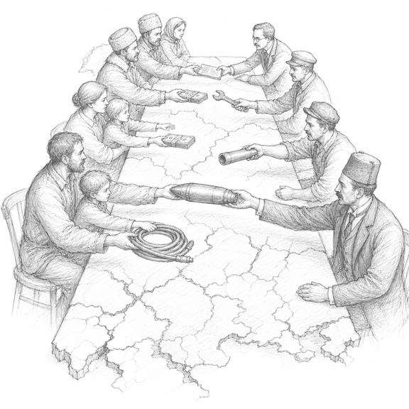 A loose graphite sketch shows war as a social contract around a table, with civilians, industry, money, arms, energy, and mediation intertwined.